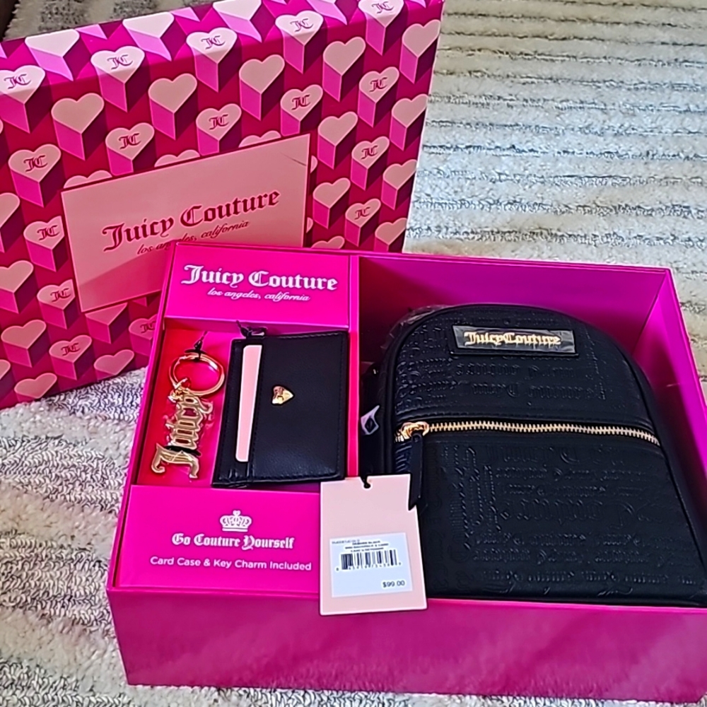 NWT Juicy Couture Mini Backpack & Card Case Gift Set - Debossed Black